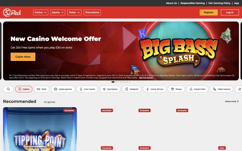 Homepage of 32red.com